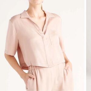 Quince Washable Silk Cropped Button Up Pajama Top, Toasted Almond, XS
